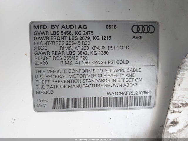 WA1CNAFY5J2199564 Audi Q5 2.0t Premium/2.0t Tech Premium