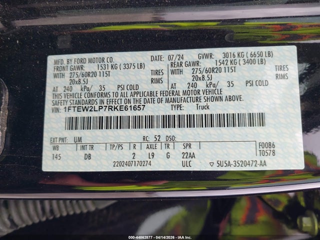 Aukcja sprzedaży 2024 Ford F-150 Stx, vin: 1FTEW2LP7RKE61657, numer aukcji: 44862877