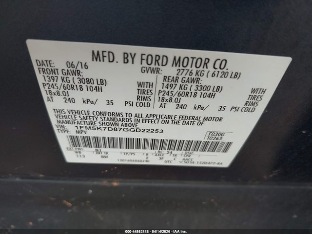 44862886 :رقم المزاد ، 1FM5K7D87GGD22253 vin ، 2016 Ford Explorer Xlt مزاد بيع