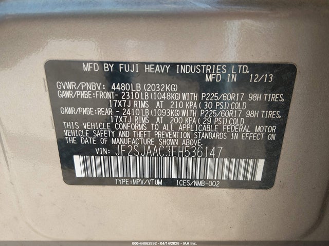 Продажа на аукционе авто 2014 Subaru Forester 2.5i, vin: JF2SJAAC3EH536147, номер лота: 44862892