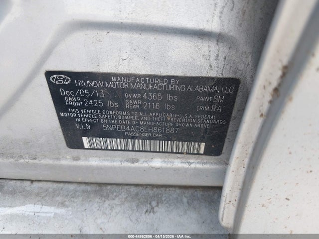 44862896 :رقم المزاد ، 5NPEB4AC8EH861887 vin ، 2014 Hyundai Sonata Gls مزاد بيع