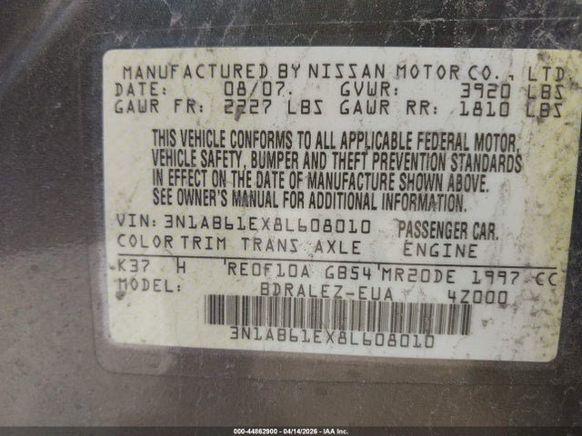 Продажа на аукционе авто 2008 Nissan Sentra 2.0s, vin: 3N1AB61EX8L608010, номер лота: 44862900