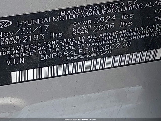 44862902 :رقم المزاد ، 5NPD84LF3JH300220 vin ، 2018 Hyundai Elantra Sel مزاد بيع