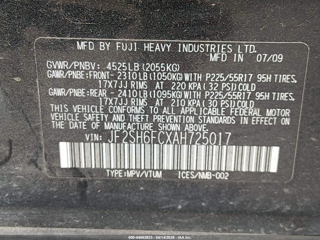 44862923 :رقم المزاد ، JF2SH6FCXAH725017 vin ، 2010 Subaru Forester 2.5xt Limited مزاد بيع