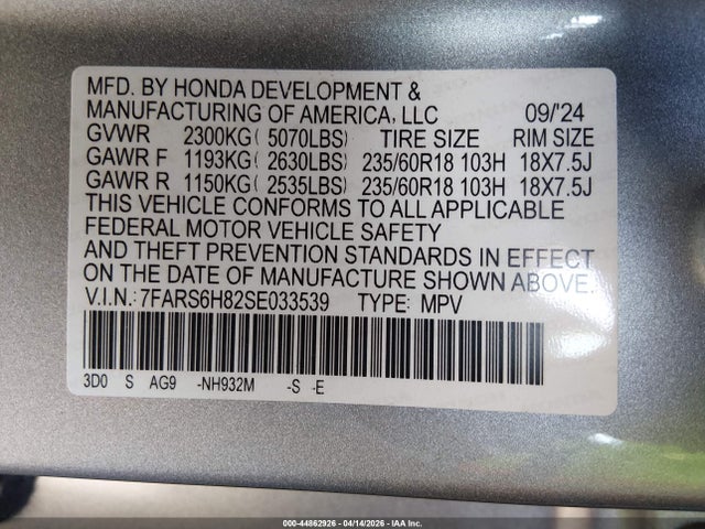 Продажа на аукционе авто 2025 Honda Cr-v Hybrid Sport-l, vin: 7FARS6H82SE033539, номер лота: 44862926