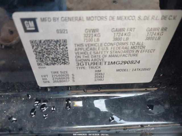 Продаж на аукціоні авто 2021 Gmc Sierra 1500 4wd  Short Box At4, vin: 3GTU9EET1MG290824, номер лоту: 44862928