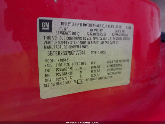 Aukcja sprzedaży 2009 Gmc Sierra 1500 Sle, vin: 3GTEK23379G177641, numer aukcji: 44862930
