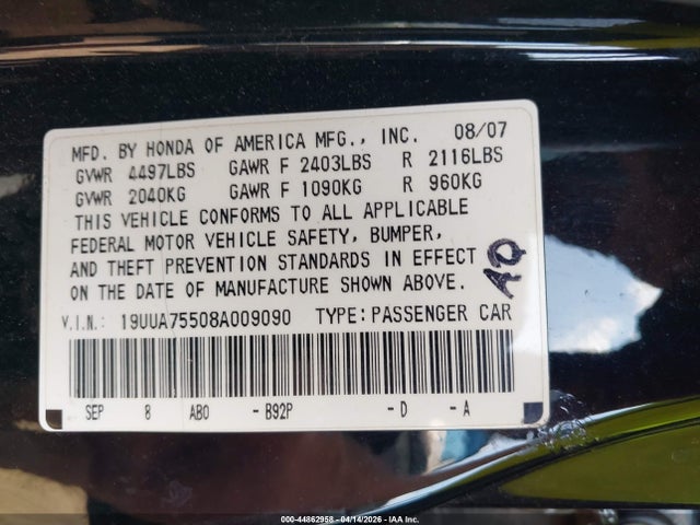 Aukcja sprzedaży 2008 Acura Tl Type S, vin: 19UUA75508A009090, numer aukcji: 44862958