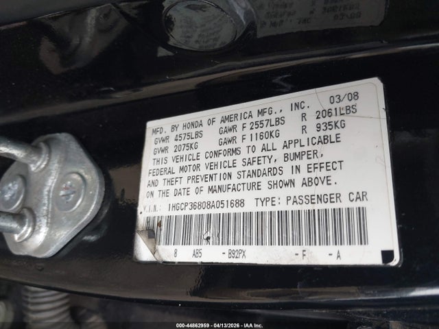 Продажа на аукционе авто 2008 Honda Accord 3.5 Ex-l, vin: 1HGCP36808A051688, номер лота: 44862959