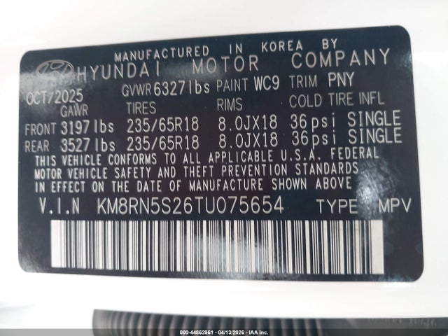 44862961 :رقم المزاد ، KM8RN5S26TU075654 vin ، 2026 Hyundai Palisade Sel Premium مزاد بيع