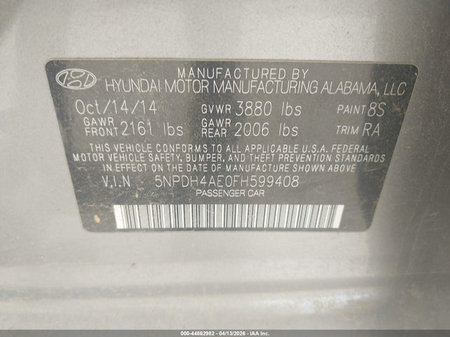 Aukcja sprzedaży 2015 Hyundai Elantra Se, vin: 5NPDH4AE0FH599408, numer aukcji: 44862982