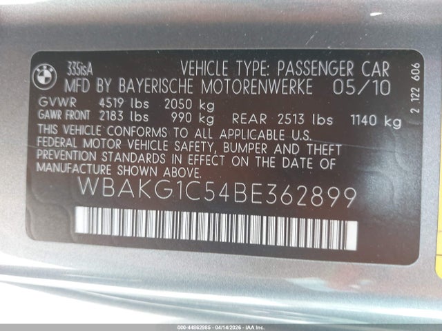 Aukcja sprzedaży 2011 Bmw 335is, vin: WBAKG1C54BE362899, numer aukcji: 44862985