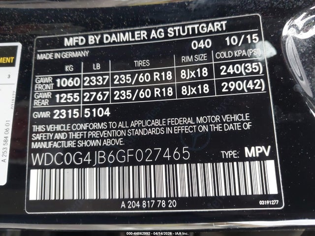 Aukcja sprzedaży 2016 Mercedes-benz Glc 300, vin: WDC0G4JB6GF027465, numer aukcji: 44862992