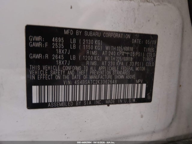 4S4BSATC2K3362648 Subaru Outback 2.5i Touring