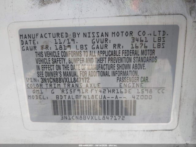Aukcja sprzedaży 2020 Nissan Versa S 5-speed Manual Transmission, vin: 3N1CN8BVXLL847172, numer aukcji: 44863001