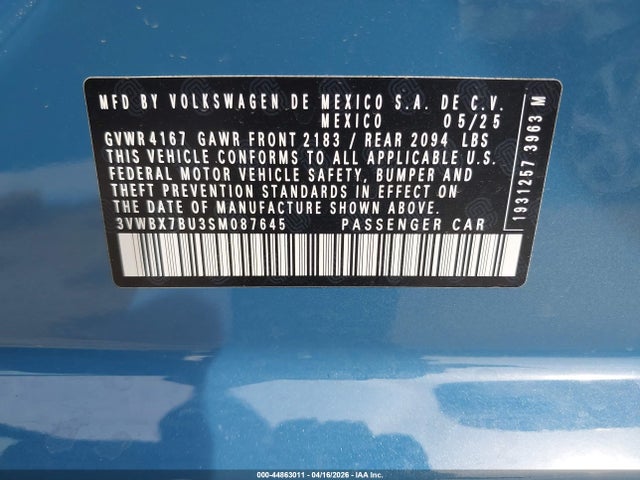 Aukcja sprzedaży 2025 Volkswagen Jetta 1.5t Sport, vin: 3VWBX7BU3SM087645, numer aukcji: 44863011