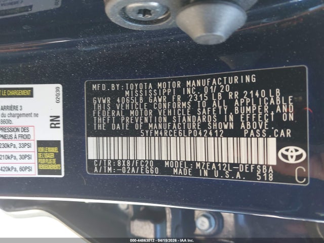 2020 Toyota Corolla Se  6mt მანქანა იყიდება აუქციონზე, vin: 5YFM4RCE6LP042412, აუქციონის ნომერი: 44863012