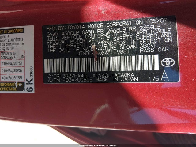 Продажа на аукционе авто 2007 Toyota Camry Xle, vin: JTNBE46K673119881, номер лота: 44863024