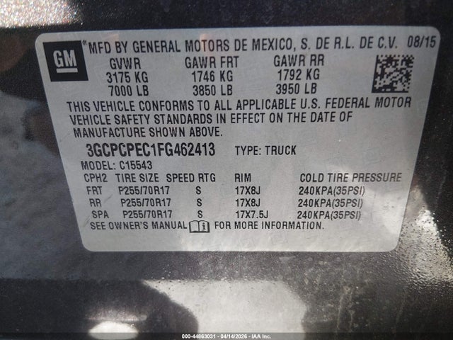 Продажа на аукционе авто 2015 Chevrolet Silverado 1500 Ls, vin: 3GCPCPEC1FG462413, номер лота: 44863031