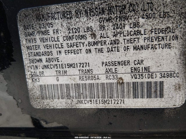 44863045 :رقم المزاد ، JNKCV51E15M217271 vin ، 2005 Infiniti G35 مزاد بيع