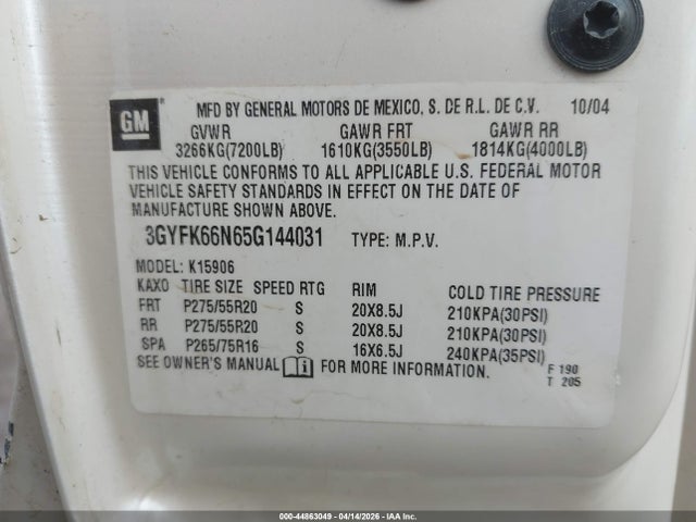 Aukcja sprzedaży 2005 Cadillac Escalade Esv Platinum Edition, vin: 3GYFK66N65G144031, numer aukcji: 44863049