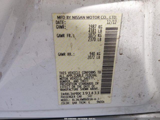 Aukcja sprzedaży 2013 Nissan Altima 3.5 S, vin: 1N4BL3AP8DC191433, numer aukcji: 44863050