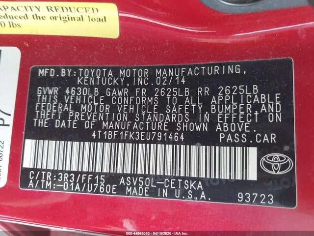 2014 Toyota Camry Se მანქანა იყიდება აუქციონზე, vin: 4T1BF1FK3EU791464, აუქციონის ნომერი: 44863052