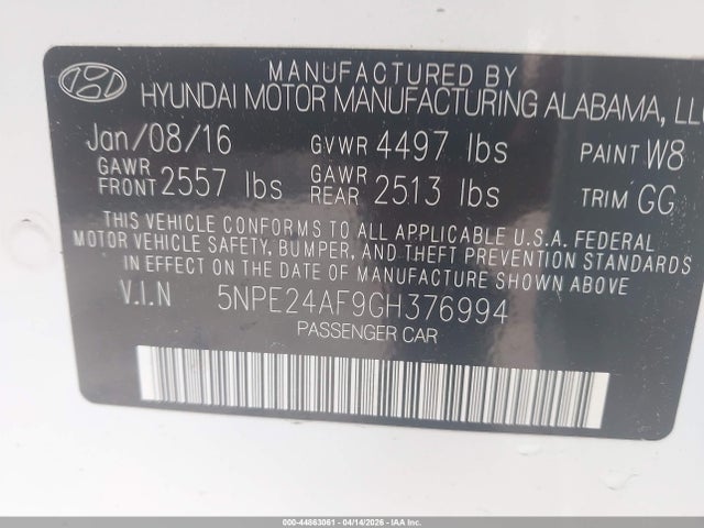 Aukcja sprzedaży 2016 Hyundai Sonata Se, vin: 5NPE24AF9GH376994, numer aukcji: 44863061