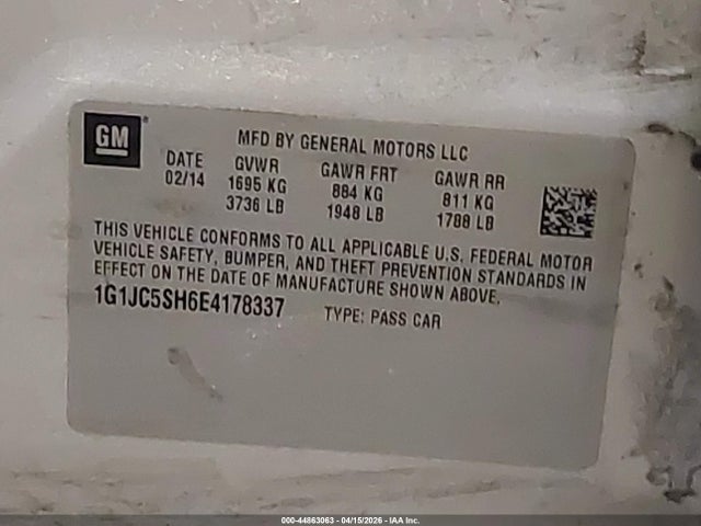 44863063 :رقم المزاد ، 1G1JC5SH6E4178337 vin ، 2014 Chevrolet Sonic Lt Auto مزاد بيع