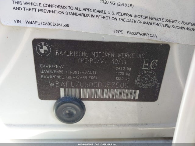 2012 Bmw 535i Xdrive მანქანა იყიდება აუქციონზე, vin: WBAFU7C50CDU57500, აუქციონის ნომერი: 44863065