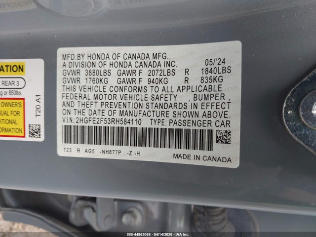 Aukcja sprzedaży 2024 Honda Civic Sport, vin: 2HGFE2F53RH584110, numer aukcji: 44863068