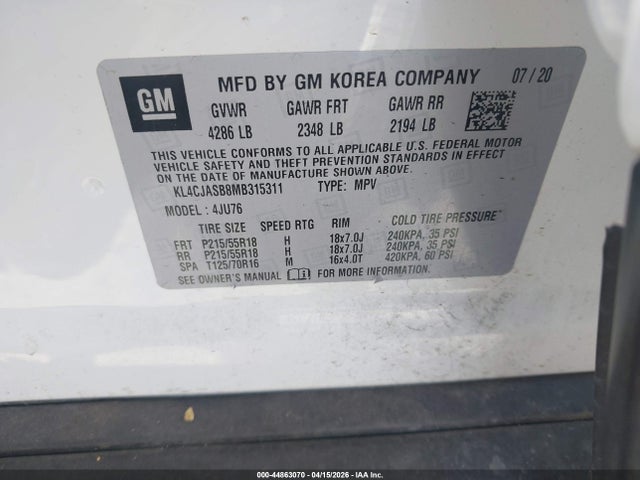 44863070 :رقم المزاد ، KL4CJASB8MB315311 vin ، 2021 Buick Encore Fwd Preferred مزاد بيع