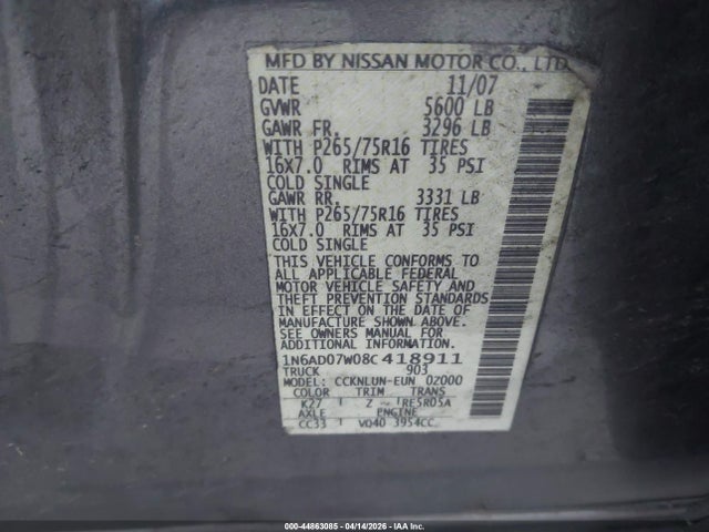 Aukcja sprzedaży 2008 Nissan Frontier Nismo Off Road, vin: 1N6AD07W08C418911, numer aukcji: 44863085