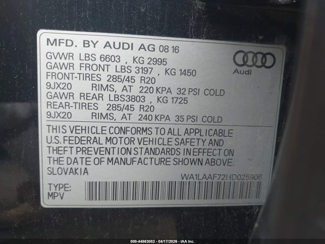 44863082 :رقم المزاد ، WA1LAAF72HD025906 vin ، 2017 Audi Q7 3.0t Premium مزاد بيع