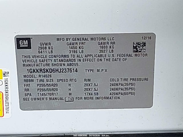 44863090 :رقم المزاد ، 1GKKRSKD6HJ237614 vin ، 2017 Gmc Acadia Limited مزاد بيع