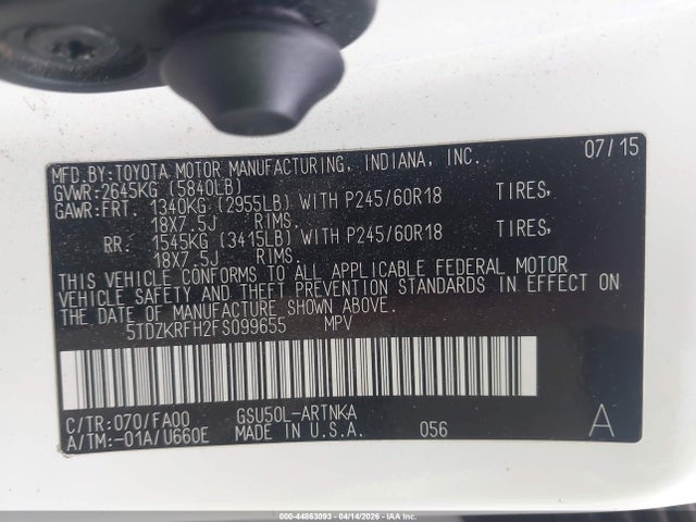 Auction sale of the 2015 Toyota Highlander Le Plus V6, vin: 5TDZKRFH2FS099655, lot number: 44863093