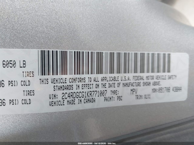 Продаж на аукціоні авто 2019 Dodge Grand Caravan Sxt, vin: 2C4RDGCG1KR771007, номер лоту: 44863095