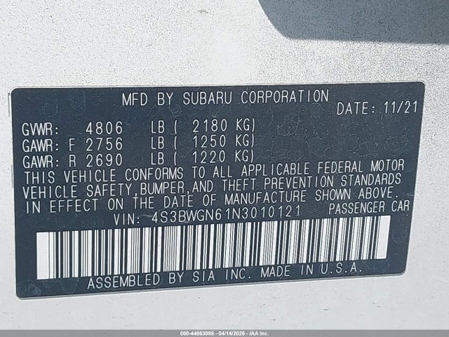44863098 :رقم المزاد ، 4S3BWGN61N3010121 vin ، 2022 Subaru Legacy Limited Xt مزاد بيع