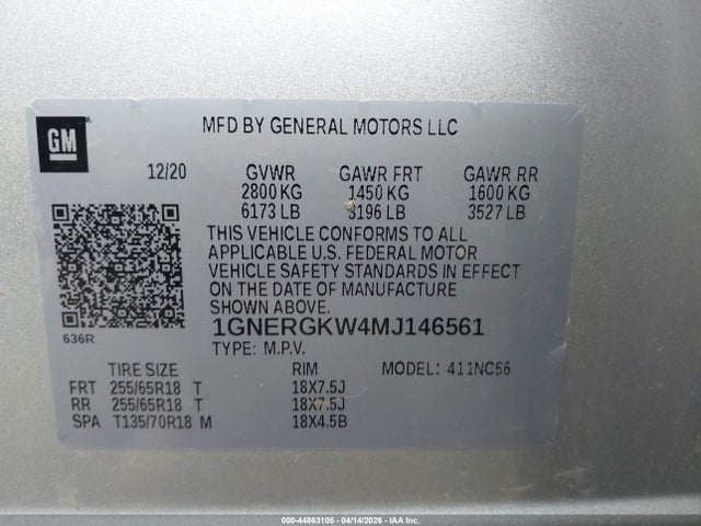 Aukcja sprzedaży 2021 Chevrolet Traverse Fwd Lt Cloth, vin: 1GNERGKW4MJ146561, numer aukcji: 44863105