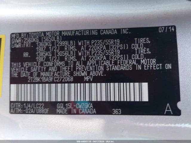 44863118 :رقم المزاد ، 2T2BK1BA9FC272068 vin ، 2015 Lexus Rx 350 F Sport مزاد بيع