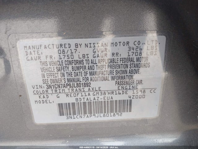 3N1CN7AP9JL801892 Nissan Versa 1.6 S+