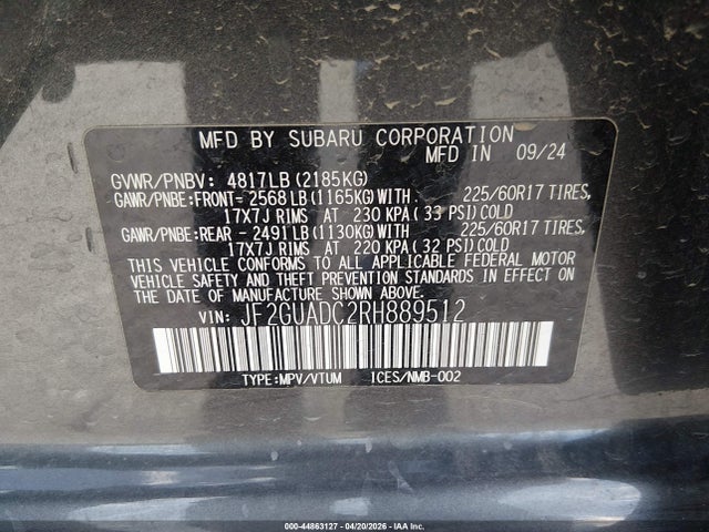 2024 Subaru Crosstrek Premium მანქანა იყიდება აუქციონზე, vin: JF2GUADC2RH889512, აუქციონის ნომერი: 44863127