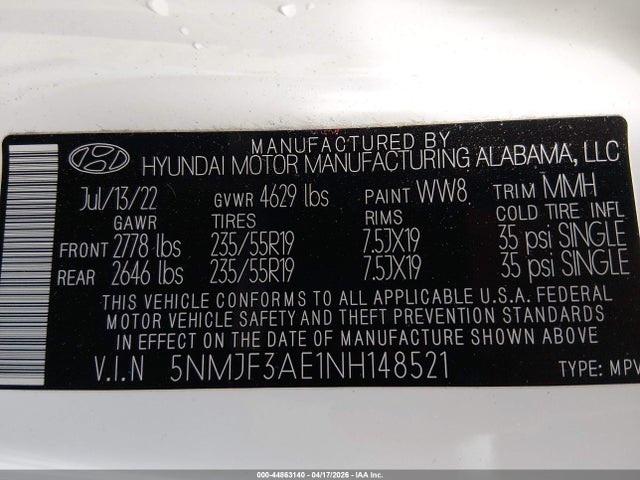 44863140 :رقم المزاد ، 5NMJF3AE1NH148521 vin ، 2022 Hyundai Tucson Sel مزاد بيع