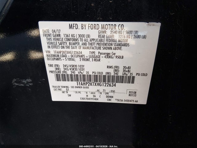 Продаж на аукціоні авто 2017 Ford Taurus Sho, vin: 1FAHP2KTXHG122634, номер лоту: 44863151
