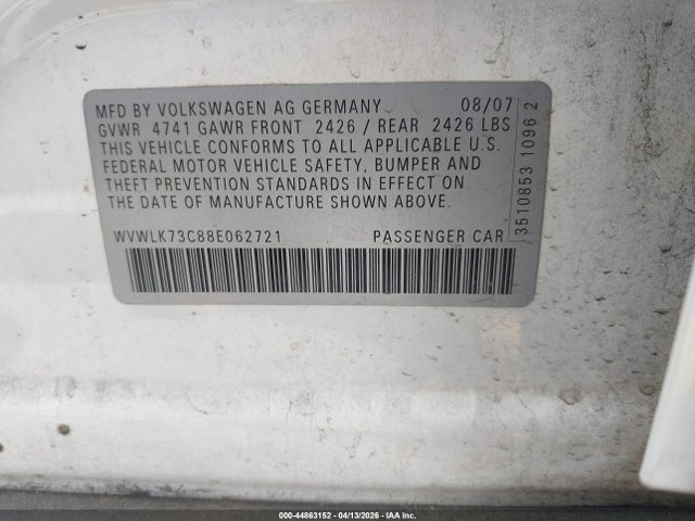 2008 Volkswagen Passat Komfort მანქანა იყიდება აუქციონზე, vin: WVWLK73C88E062721, აუქციონის ნომერი: 44863152