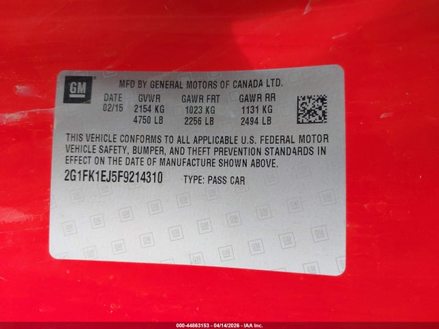 44863153 :رقم المزاد ، 2G1FK1EJ5F9214310 vin ، 2015 Chevrolet Camaro 2ss مزاد بيع