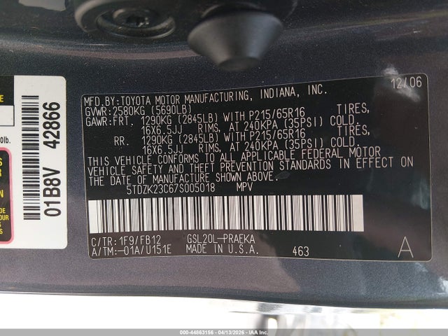 Продажа на аукционе авто 2007 Toyota Sienna Ce, vin: 5TDZK23C67S005018, номер лота: 44863156