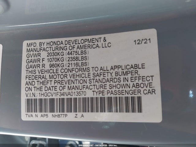 1HGCV1F34NA013570 Honda Accord Sport