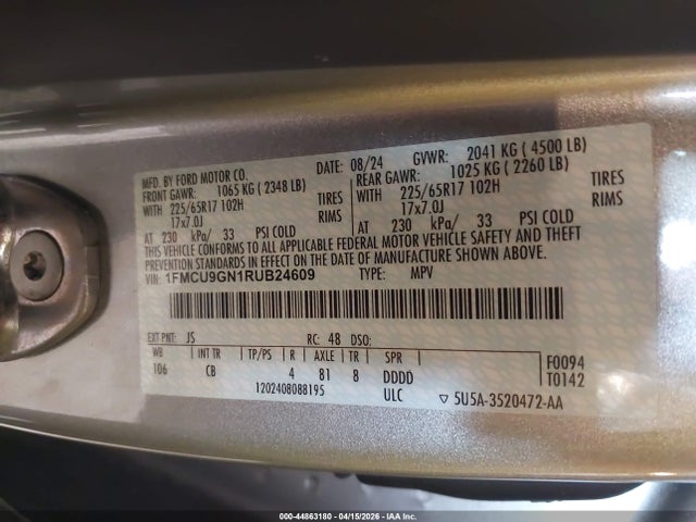 44863180 :رقم المزاد ، 1FMCU9GN1RUB24609 vin ، 2024 Ford Escape Active مزاد بيع