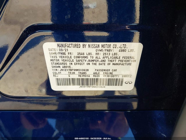 JN1EV7BP9NM310628 Infiniti Q50 LUXE